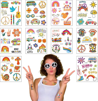 10 Sheets Hippie Temporary Tattoos, Trendy Hippie Flower Tattoo Sticker Face Tattoos, Love and Peace Sign Temporary Tattoo for Hippie Party Vacation Summer Pool BeachBoys Girls Adults