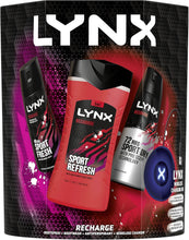 LYNX Recharge Trio bodywash, body spray, anti-perspirant with Wireless Charging Pad, 4 piece Gift Set for Him, perfect for his daily routine