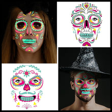 DPKOW Glow In The Dark Halloween Temporary Tattoos Sugar Skull Face Tattoo Halloween, 6 Sheets Luminous Halloween Tattoo Stickers Skeleton Spider Web Rose for Adults Kids Halloween Makeup Accessories