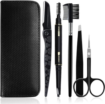 Gibot Eyebrow Set, 5pcs Stainless Steel Eyebrow Grooming Kit with Tweezers, Scissors, Eyebrow Brush Comb, Eyebrow Pencil, Razor and Travel Case for Women and Men, Black