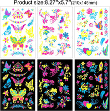 DPKOW 9 Large Sheets Neon Temporary Tattoos, 100+ Assorted Designs Glow UV Neon Body Face Flowers Butterfly Flash Fake Waterproof Tattoo Stickers for Women Men Girls Body Art