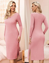 Ekouaer Maternity Dress Rib Knit Long Sleeve Side Slit Bodycon Dresses Pregnancy Baby Clothes, S-XXL
