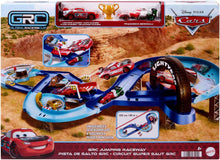 Mattel Disney and Pixar Cars Playset with 2 Toy Cars, Lightning McQueen & Francesco Bernoulli, GRC Jumping Raceway Track Set with Kid-Powered Booster, HXJ32
