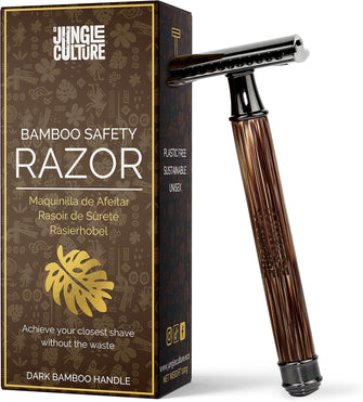 Jungle Culture Bamboo Safety Razor for Men & Women  Premium Eco Friendly Razor  Fits Double Edge Razor Blades  Single Blade Reusable Mens Razor  Zero Waste  Dark Wood Handle Slim