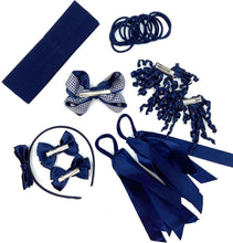 21 Piece School Hair Accessories Set Clips Bobbles Gingham Hair Accessory, Girls Hair Accessories (Navy Blue)