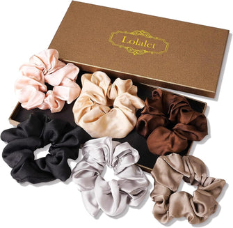 Lolalet Hair Bobbles Silk Scrunchies Satin for Women, Soft Elastic Silk Scrunchies Large for Women Girls Black Pink Grey 6 Colours Pack of 6