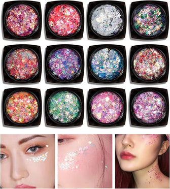 CkFyahp 12 Colours Face GlitterGel for Body Holographic Chunky Cosmetic Glitter Gel Manicure Christmas Hair Nails Eyes Bling Sequins Halloween Makeup Mermaid Powder Shiny Flakes