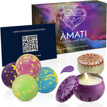 MATI Bath Bombs and Scented Candles Gift Set + Relaxing Music Track  Bath Gifts for Women  Pamper Set, Natural, Organic Bath Bombs  Bath Fizzers (4 x 100g) and Soy Candles (2 X 60g)