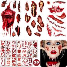 20 Sheets Halloween Tattoos, Halloween Zombie Makeup Kit Tattoos Face Stickers Bleeding Wound Vampire Bite Tattoo, for Halloween Make up Accessories Party Cosplay Costume Decorations