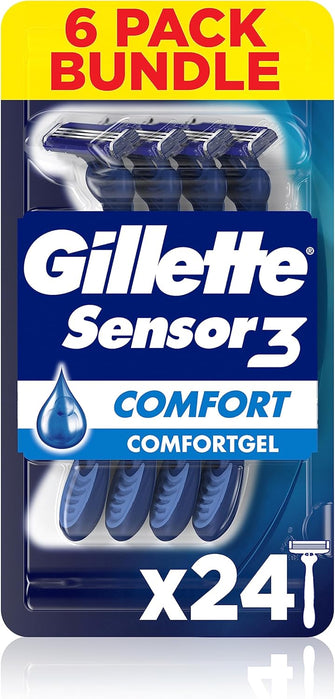 Gillette Sensor3 Comfort, Disposable Shaving Razors for Men, Mens Razors with Lubrastrip, 6x4-Pack