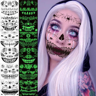 Day of the Dead Face Tattoo,Glow in the Dark Halloween Tattoos,3D Witch Skull Big Mouth and Spider Web Bat Temporary Tattoos as Halloween Costumes for Women Men Adult Halloween Make Up Accessories