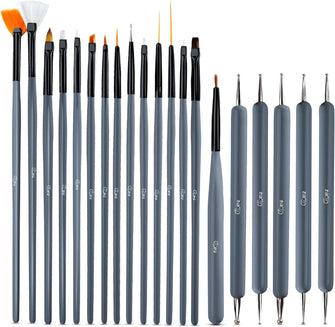 Glow 20 Nail Art Brushes & Dotting Tools Set, Fine Nail Art Brush Set Perfect For Beginners & Professionals, Nail Art Tools a Practical Affordable Kit With Wooden Handle (Grey)