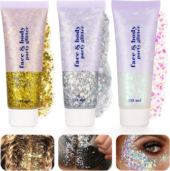 Dacitiery 3Pcs Body Glitter Gel, 50ml Mermaid Sequins Sparkling Liquid Eyeshadow Sequins Glitter for Face Body Eye Hair Nail DIY Art Festival Party Makeup Decoration