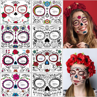 8 Pack Day of The Dead Sugar Skull Face Temporary Tattoo Halloween Makeup Tattoo Stickers for Halloween Masquerade Party