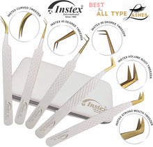 INSTEX Eyelash Tweezers Set of 6 PCS, Anti-Static Stainless Steel with Color Coated Firm Grip  Sharp Edge Classic Lash Tweezers for Volume & Fan Making Including Magnetic Safety Box (White)