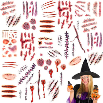 15 Sheets Scar Stickers Halloween Zombie Tattoo Stickers, Emulation Cuts Wound Tattoo Waterproof Decorative Fake Scab Blood Tattoos Scar Makeup Face Stickers for Halloween Makeup Props