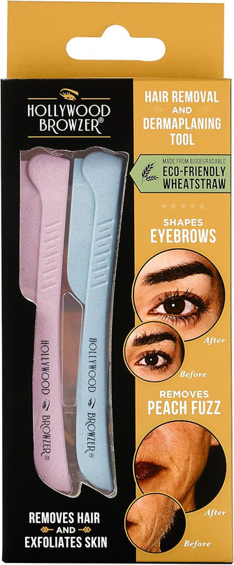 Hollywood Browzer Dermaplaning Tool for Face, Eyebrow Shaping, Removing Unwanted Hair, Exfoliating Tool for Women Duo Pack (Aquamarine and Rose Quartz)