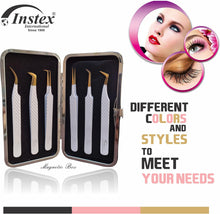 INSTEX Eyelash Tweezers Set of 6 PCS, Anti-Static Stainless Steel with Color Coated Firm Grip  Sharp Edge Classic Lash Tweezers for Volume & Fan Making Including Magnetic Safety Box (White)