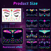 Neon Face Temporary Tattoo Glow in Dark, 8 Sheet Waterproof UV Blacklight Neon Face Tattoos Flash Fake Stickers for Makeup Party Festival Rave Accessories (Absorb enough Light to Glow in the Dark)