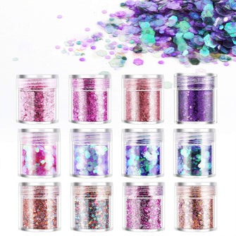 DazSpirit 12pcs Chunky Glitter for Face, Body, and Hair, Glitter Festival Makeup Set - Safe for Body Hair Nail Eye Beauty Makeup Art Decorative for Festival Party Christmas Craft