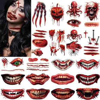 Halloween Temporary Face Tattoos - 2023 Upgraded 20 Sheets Realistic Waterproof Halloween Prank Mouth Tattoos and Fake Blood Vampire Makeup Tattoo Stickers for Halloween Party Cosplay Makeup Props