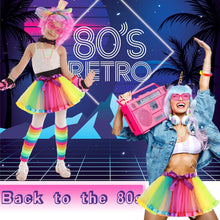 80s Fancy Dress for Women Girls, 1980s Party Rainbow Costume Accessories Set Tutu Skirt Leg Warmers Fishnet Gloves Glasses Earrings Bracelet Necklace Headband, Retro Outfit for 80s Party, Dress up Day