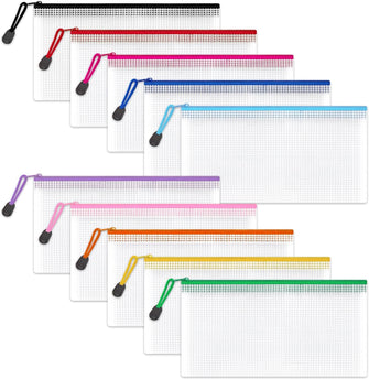 Clear Pencil Case Zipper File Bags, 10PCS Mesh Pencil Pouch Plastic Zip Wallets Folders Waterproof Travel Storage Pouch for Exams, Bills, Cosmetics, School Supplies and Travel Accessories, 10 Colours