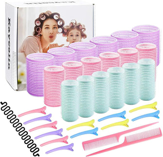 Hair Rollers Set, 18 Hair Rollers for Long Hair, 25mm, 30mm, 44mm Curlers Rollers, 12 Duckbill Hair Curlers for Long Hair, 2 Combs, a Braid Device, Used for Haircut Styling Velcro Rollers for Hair