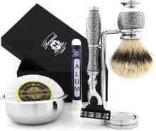 Haryali London 3 Edge Razor With Silver Tip Badger Hair Shaving Brush, Stainless Steel Stand and Alum Stick Perfect Shaving Kit For Men