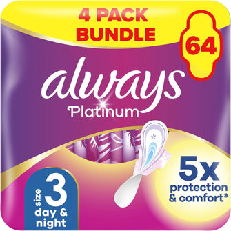 Always Platinum Day & Night (Size 3) Pads With Wings 4x16 Sanitary Towels, Leak Guard, Odour lock, Soft topsheet with 1000 microcushions