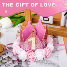 KufaerBeam First Birthday Crown Hat and Birthday Flag for Baby Girls, 1st Birthday Crown Hat Decorations with Cute Floral, Headband Gift Photo Prop 1st Birthday Party Supplies for Baby