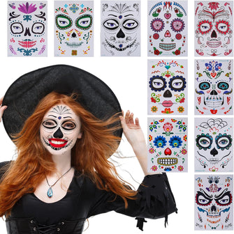 Amaxiu Day of the Dead Face Temporary Tattoos, 10 Sheet Halloween Face Makeup Tattoo Stickers Sugar Skull Floral Red Rose Spider Web Festival Full Face Tattoo for Halloween Masquerade Cosplay Party