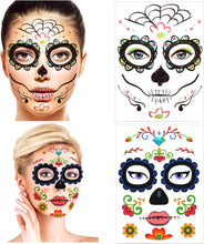 Halloween Face Temporary Tattoos (8Pack), Howaf Day of the Dead Sugar Skull Floral Black Skeleton Web Red Roses Transfers Face Tattoo for Women Men Adult Kids Halloween Party Favor Supplies