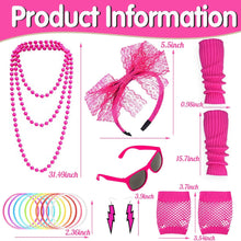 19Pcs Ladies 80s Accessories, Pink 80s Fancy Dress for Women with Lightning Earrings Necklace Fishnet Gloves Headband for Retro Parties Hen Do Parties Girls Kids