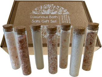 Luxurious Bath Salts Gift Set That Includes 7 Glass Vials Each with Its Own Fragrance and Combination of Salts. Includes Dead Sea, Himalayan, and Epsom Salts