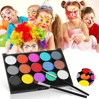 Face Paint Kit - 15 Color Face Painting Palette with 2 Brushes - Washable Face Paints - Safe Body Paint for Adults Halloween Party Carnival - Makeup Paint Non-Toxic to Use