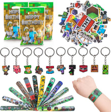 Fzyisw 82Pcs Miner Gaming Party Bag Fillers 10 Gaming Keychain + 12 Gaming Bracelet + 50 Gaming Stickers + 10 Gaming Party Bags, Miner Party Supplies Goodie Bag Fillers for Kids Boys