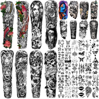 Metuu 46 Sheets Large Size Full Arm Temporary Tattoos For Men and women, Lion Dragon Clock Flower Skeleton Shoulder Forearm Temp Waterproof Tattoo Stickers For Teens