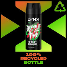 Lynx Africa the G.O.A.T. of fragrance 48 hours of odour-busting zinc tech Aerosol Bodyspray deodorant to finish your style 150 ml