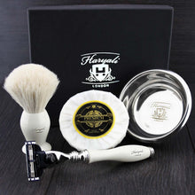 Haryali London 4 Pc Mens Shaving Kit 3 Edge Razor with White Badger Hair Shaving Brush, Soap and Bowl Perfect Set for Men