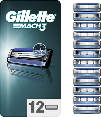 Gillette Mach3 Razor Blades Men, Pack of 12 Razor Blade Refills, Stronger Than Steel Blades, Enhanced Lubrastrip