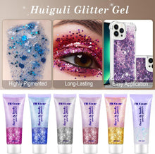 Huiguli Body glitter, 50ml Gold Face Glitter Glue with Brushes, Mermaid Sequins Chunky Glitter Liquid Gel for Hair, Body, Face, Eye, DIY Art, Party, Festival Make up Decoration