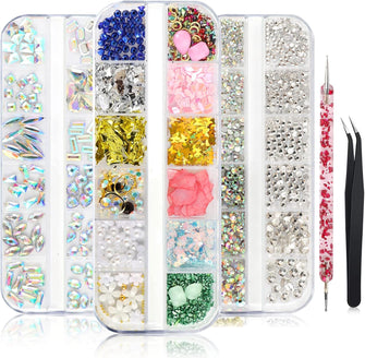 3 Boxs Nail Art Rhinestones and Nail Gems, Flat Back Gems Crystal AB Clear Rhinestones Mix Sizes with 1 Rhinestone Picker Dotting Pen and 1Tweezer, Nail Art Gems for Nails, Clothes, Face, Craft