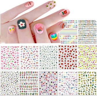 Cute Nail Stickers for Kids Little Girls 12 Sheets Self-Adhesive Nail Decals Christmas Flowers Leaves Animals Plants Fruits Nail Art Decoration for Woman