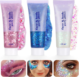 3Pcs Body Glitter Gel,50ml Mermaid Sequins Chunky Glitter Liquid Gel Kit,Chunky Powder Gel for Face Body Eye Hair Nail DIY Art Festival Party Makeup Decoration