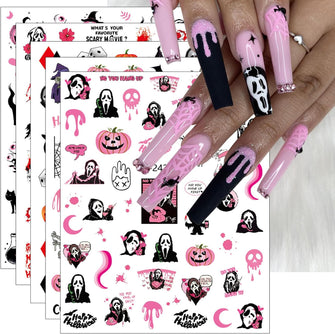 JMEOWIO 12 Sheets Halloween Nail Art Stickers Decals Self-Adhesive Skull Cute Horror Ghost Pumpkin Pink Nail Supplies Nail Art Design Decoration Accessories