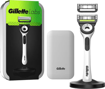 Gillette Labs Exfoliating Razor White Handle, 2 Blade Refills, Travel Case and Stand