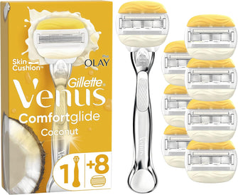 Gillette Venus ComfortGlide Coconut with Olay Women's Razor + 8 Razor Blade Refills, Lubrastrip with A Touch of Vitamin E, 2 Flexible Gel Bars For A Comfortable Shave