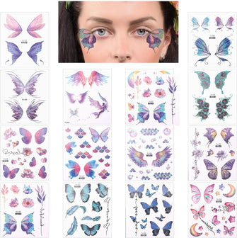 14 Sheets Glitter Butterfly Tattoos Temporary Stickers Waterproof Butterfly Face Tattoo Glitter Fairy Wings Makeup Fake Tattoos For Girls Fairy Princess Party Birthday Party Favor Gifts