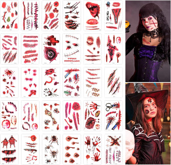 30 Sheets Halloween Tattoo Stickers Temporary Tattoos, Zombie Makeup Fake Tattoo Stickers for Women Men Halloween Party Clown Horror Makeup Stickers